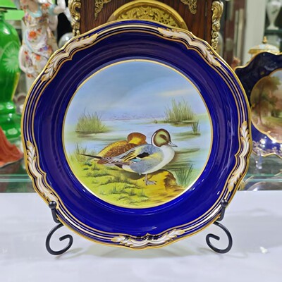 英国原产Spode骨瓷镏金钴蓝手绘猎鸟系列之尖尾鸭装饰盘中古瓷