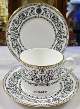 英国原产Royal Worcester镏金精骨瓷黑珐琅Padua咖啡杯碟三件中古
