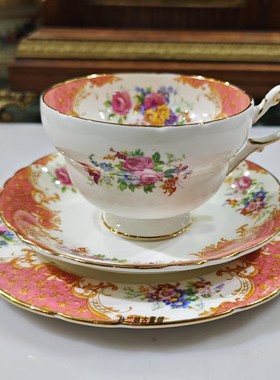 英国原产Paragon镏金精骨瓷手绘Rockingham咖啡杯碟三件套中古