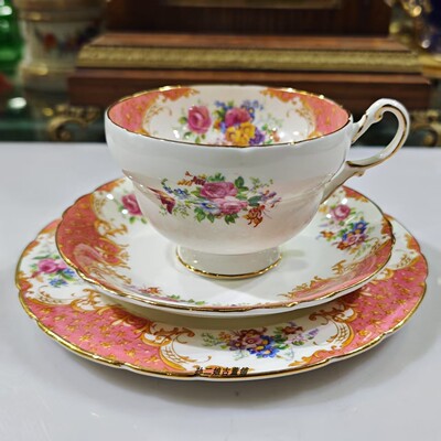 英国原产Paragon镏金精骨瓷手绘Rockingham咖啡杯碟三件套中古
