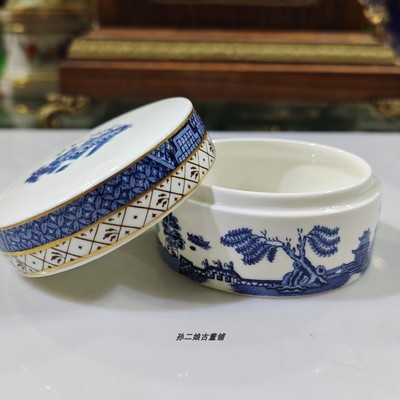 英国原产Royal Doulton镏金蓝青花老柳树圆形首饰盒装饰摆件中古