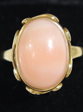 欧洲产Vintage珠宝14K黄金镂空雕花镶嵌有机粉宝石设计款戒指中古