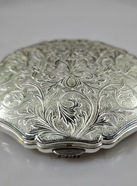 英国产Stratton镀银手工雕花粉饼盒随身化妆镜中古复古时尚