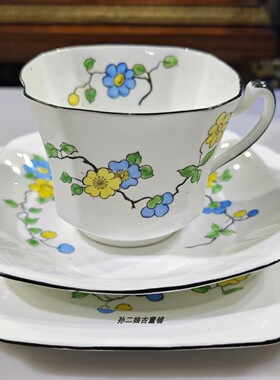 英国产Heathcote全手绘珐琅彩花卉方形咖啡杯碟三件特别定制古董