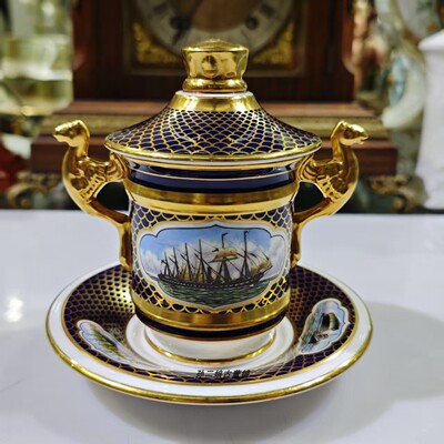 英国原产Spode骨瓷全手绘镏金钴蓝帝王龙杯二件套限量发行中古