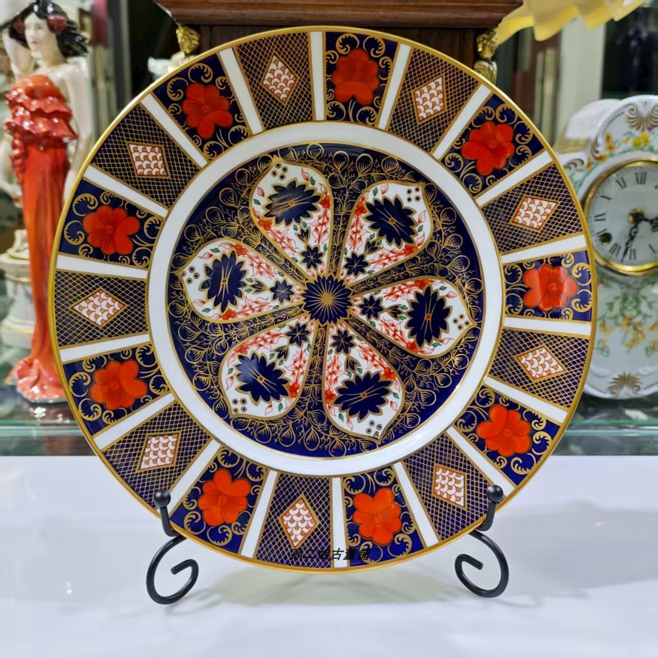 英国原产Royal crown derby镏金骨瓷手绘伊万里1128大装饰盘中古