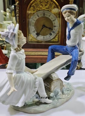 西班牙原产Lladro雅致双人瓷偶翘翘板游戏家居装饰摆件手工制中古