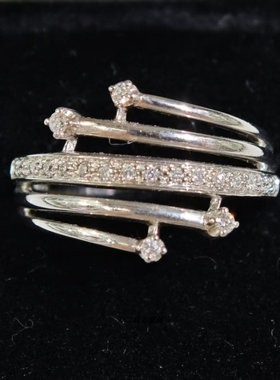 英国Vintage珠宝伯明翰产9K白金镶嵌钻石设计款戒指独特时尚中古