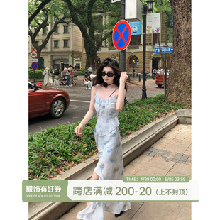 吊带连衣裙长裙女 2024新款 不规则蓝色碎花仙女裙夏季 JOEYJOY酒一