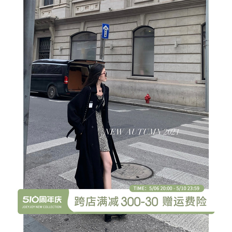 [酒一自制]黑色风衣外套女2024新款春秋长款小个子气质高级大衣