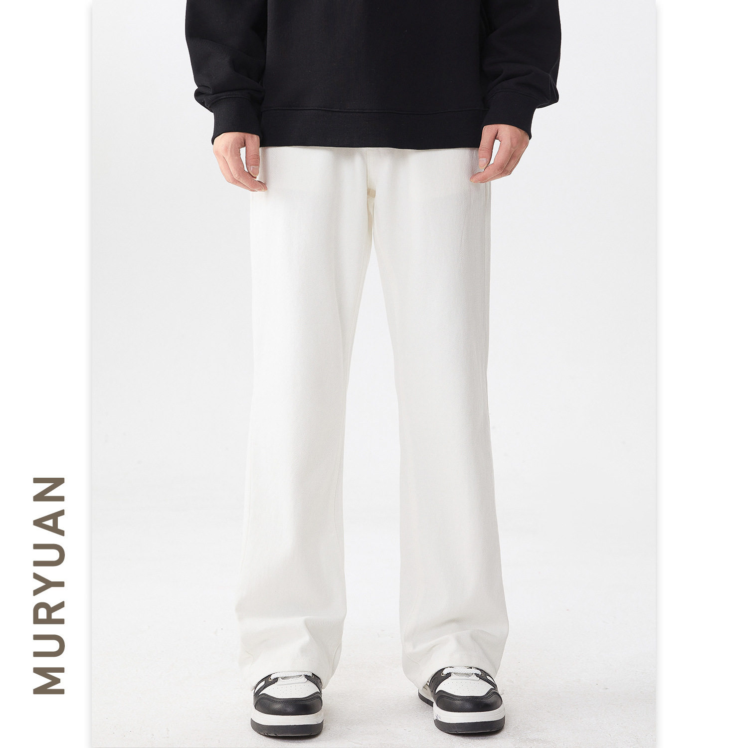 慕沅男装 韩版白色中腰显瘦微喇牛仔长裤男女同款简约直筒喇叭裤