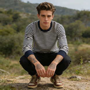 T恤海魂衫 新品 棉重磅细条纹长袖 280克男式 阿美咔叽 OKONKWO