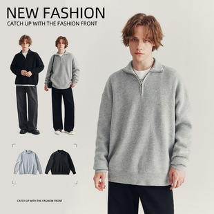 打底 APO男装 纯色毛衣男秋款 潮牌宽松半拉链翻领polo针织衫 长袖