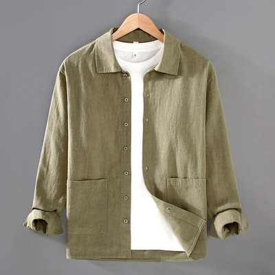 2378苎麻宽松休闲男生衬衫春秋款男装纯色棉麻男衬衣春季长袖上衣