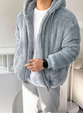 MYQ慵懒羊羔毛加厚连帽卫衣男士冬季韩版宽松潮流痞帅棉衣棉袄