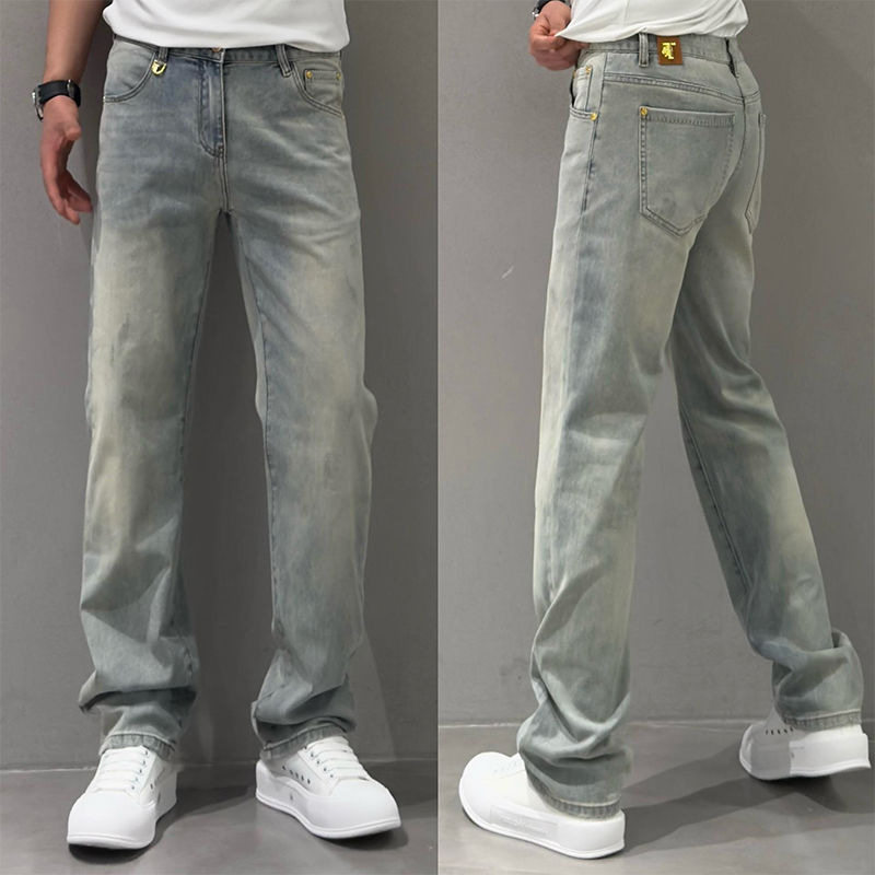 欧货水洗浅蓝色牛仔裤男士直筒春季新款潮流百搭宽松休闲阔腿裤