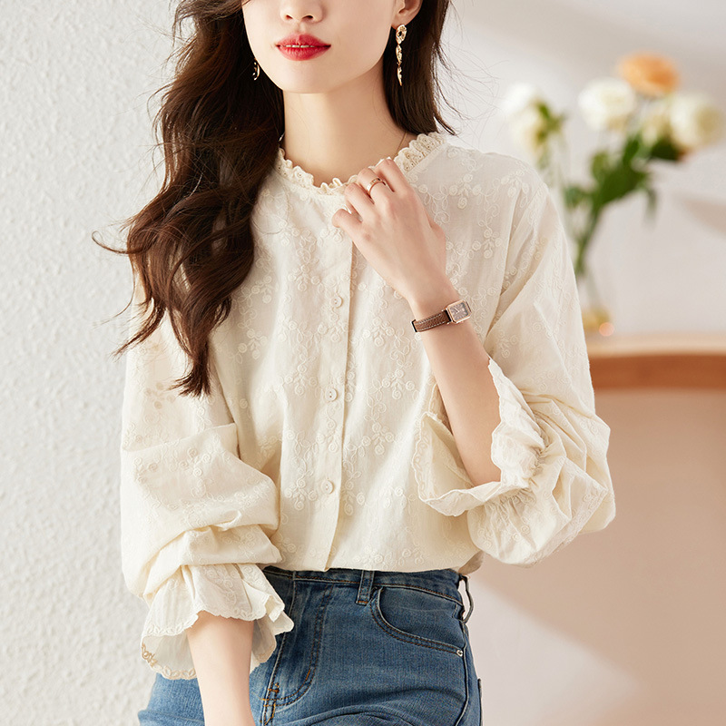 长袖厂家直销杏色绣花女式衬衬衫