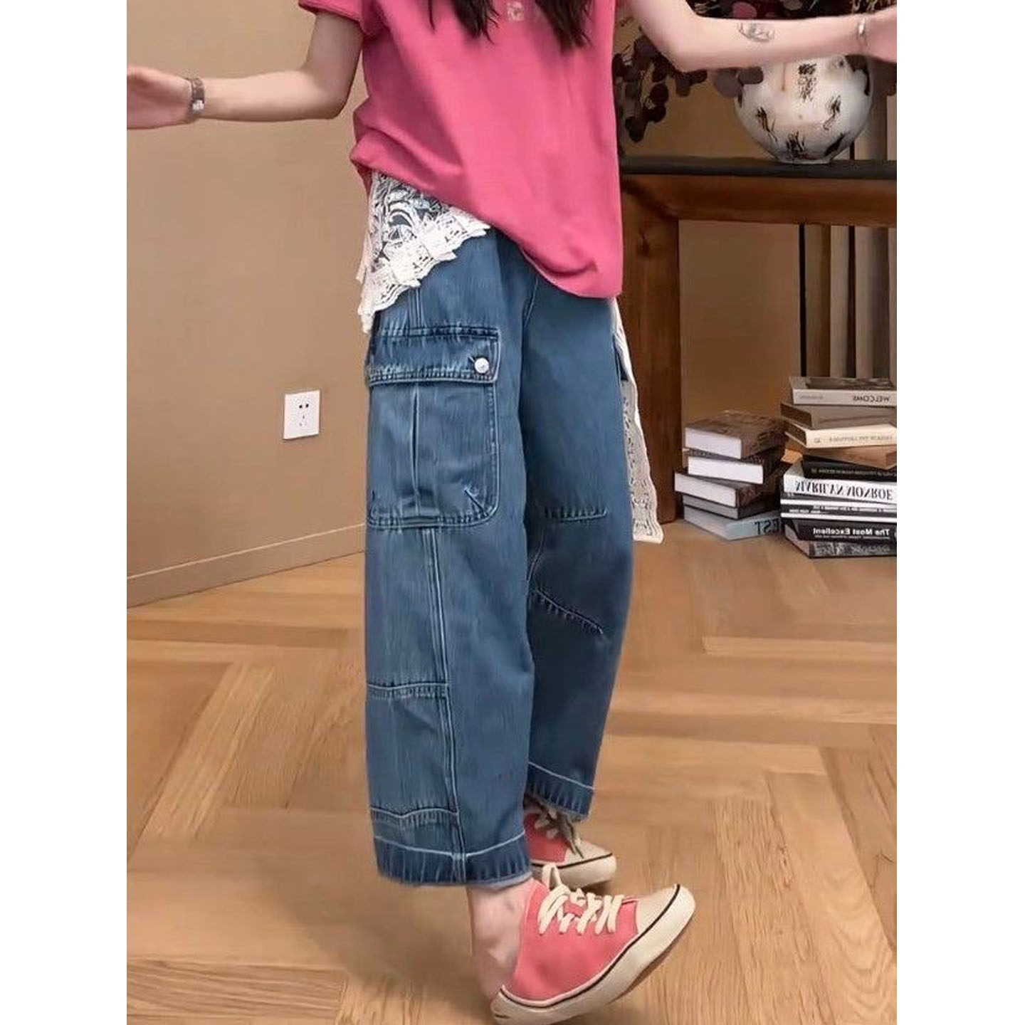 夏季新款洋气个性口袋工装牛仔裤女高腰显瘦老爹裤宽松遮肉九分裤