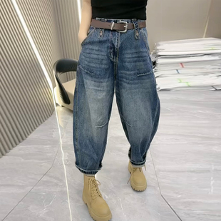 弯刀牛仔裤女遮胯阔腿裤秋宽松哈伦裤梨型身材百搭显瘦九分老爹裤
