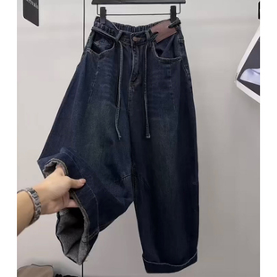 高腰宽松哈伦胯裤 遮肉显瘦汽球裤 女秋冬款 欧货加绒加厚老爹牛仔裤