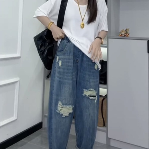 复古假破洞牛仔老爹裤女2026春夏新款宽松高腰显瘦九分哈伦裤遮肉