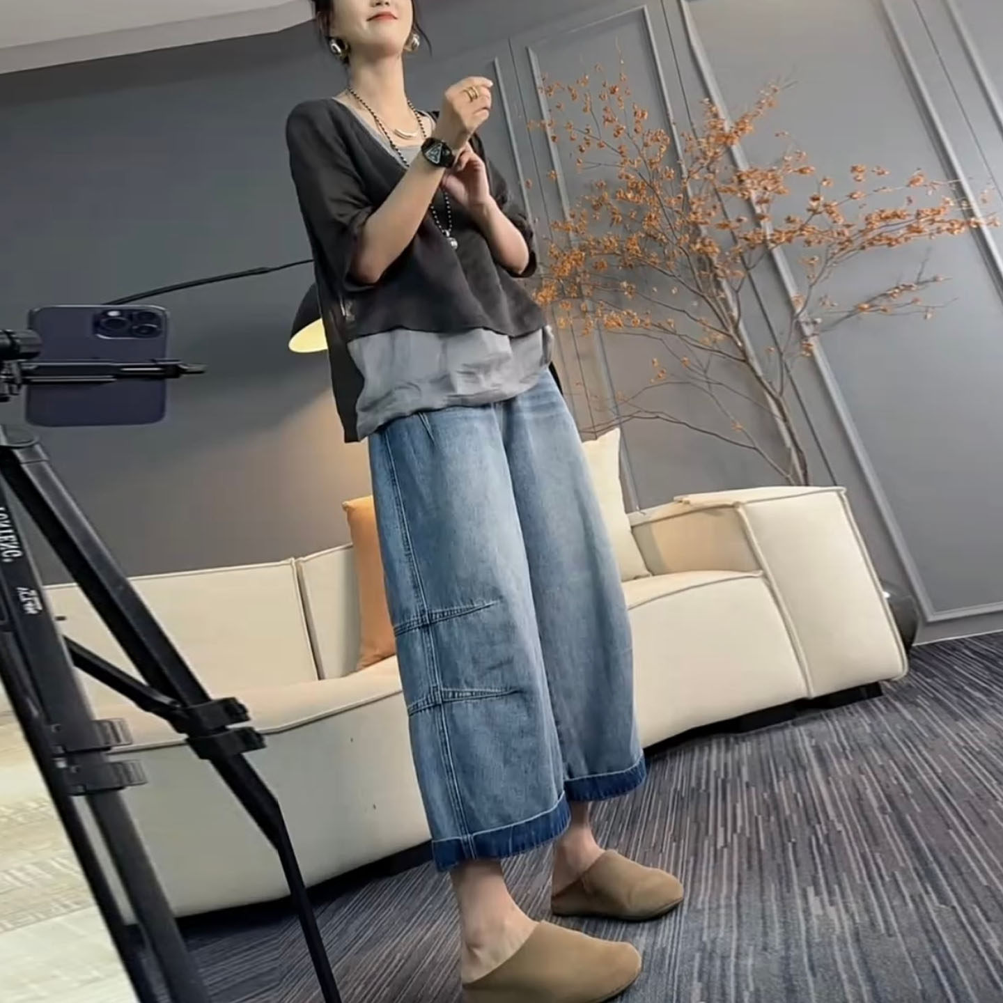 松弛感九分牛仔香蕉裤女夏季图片