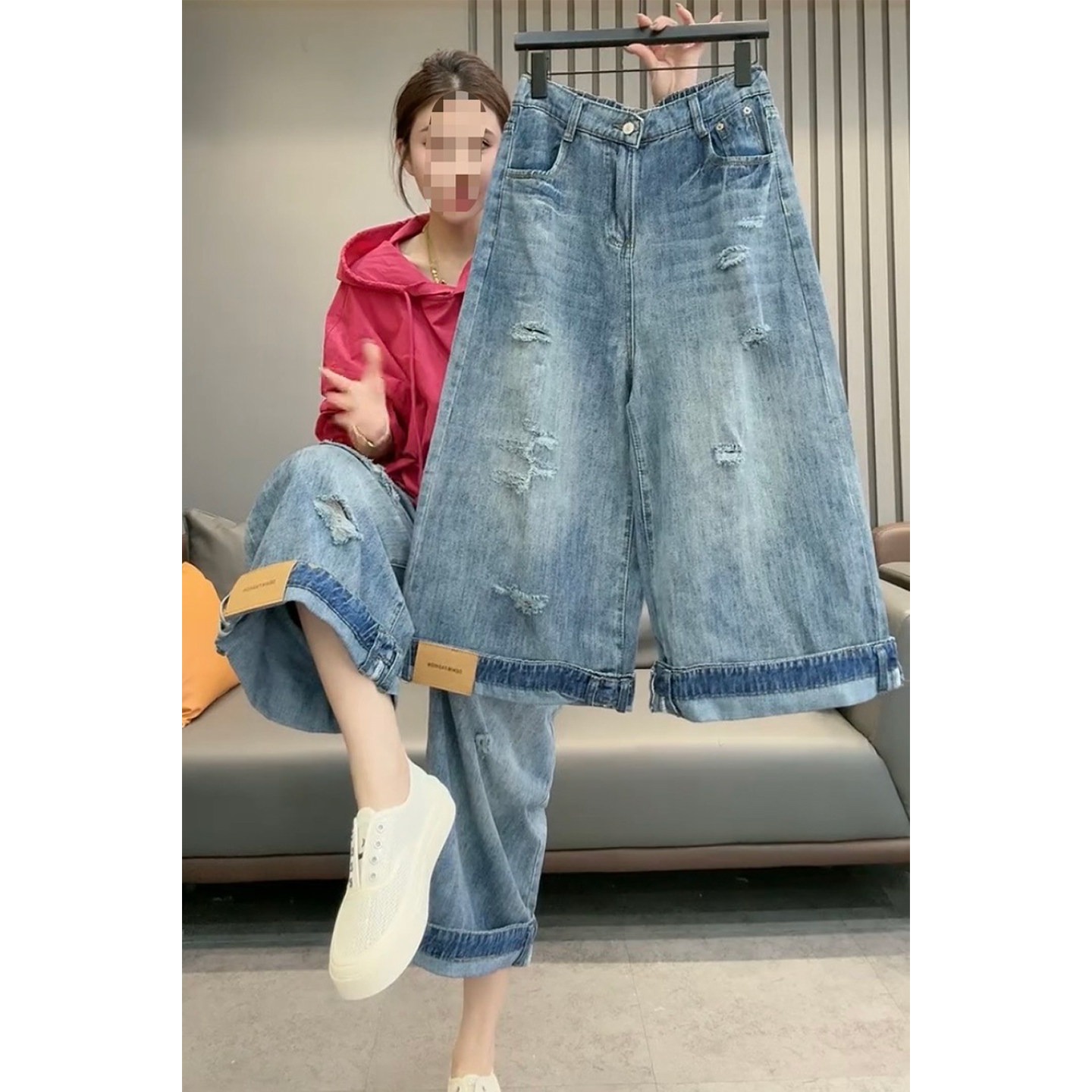 欧货时尚破洞牛仔裤女夏季薄款高腰宽松阔腿八分裤个性显瘦直筒裤