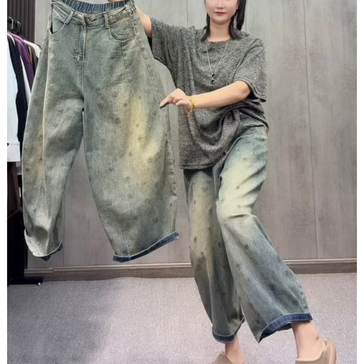 复古蓝小雏菊牛仔裤女春秋新款宽松显瘦老爹裤欧货高腰阔腿裤九分