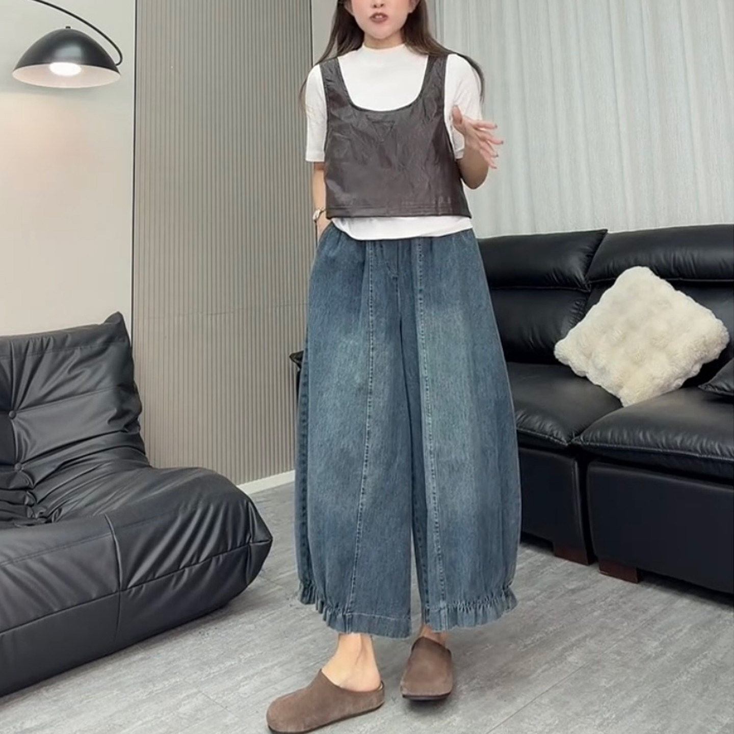 大码女装花苞裤女秋新款牛仔裤胖mm显瘦阔腿哈伦裤裤小个子九分