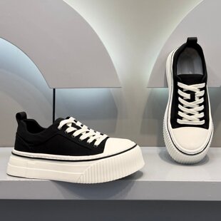 2026春款帆布鞋黑白厚底系带休闲板鞋男透气百搭舒适增高男鞋潮流