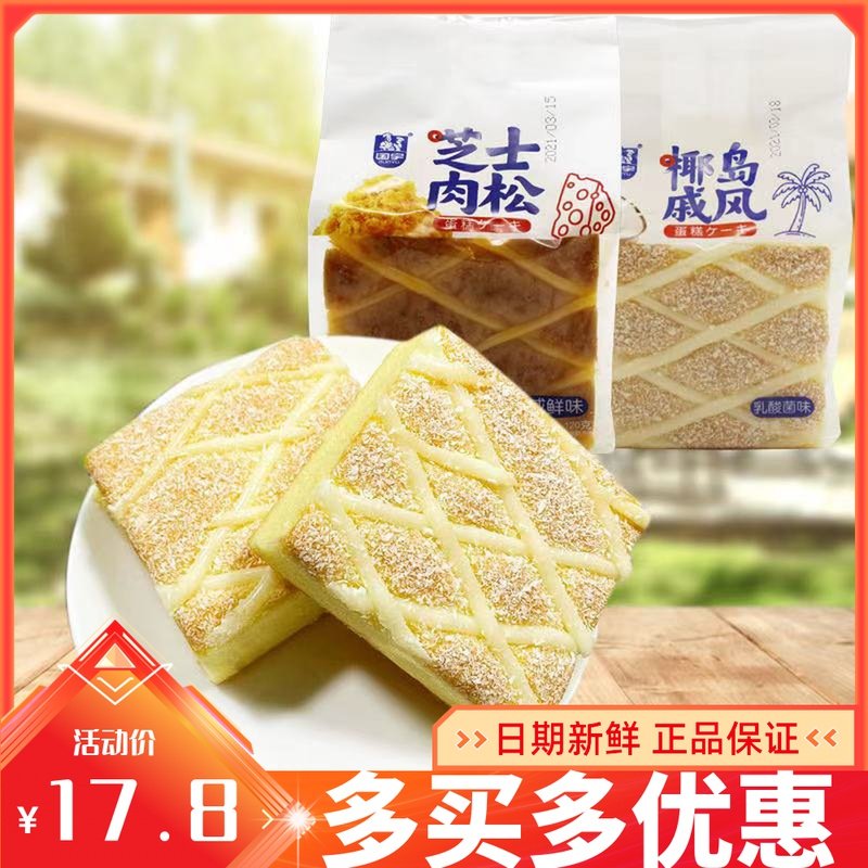 国宇芝士肉松蛋糕咸鲜味椰岛戚风乳酸菌味早餐糕点整箱120g*20袋