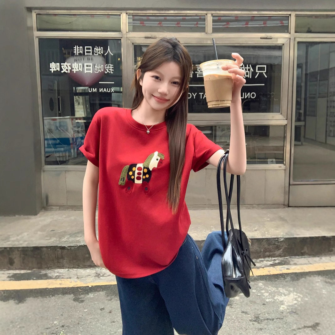 夏季中款短袖t恤女宽松减龄卡通毛巾绣百搭圆领半袖上衣显瘦衬衫