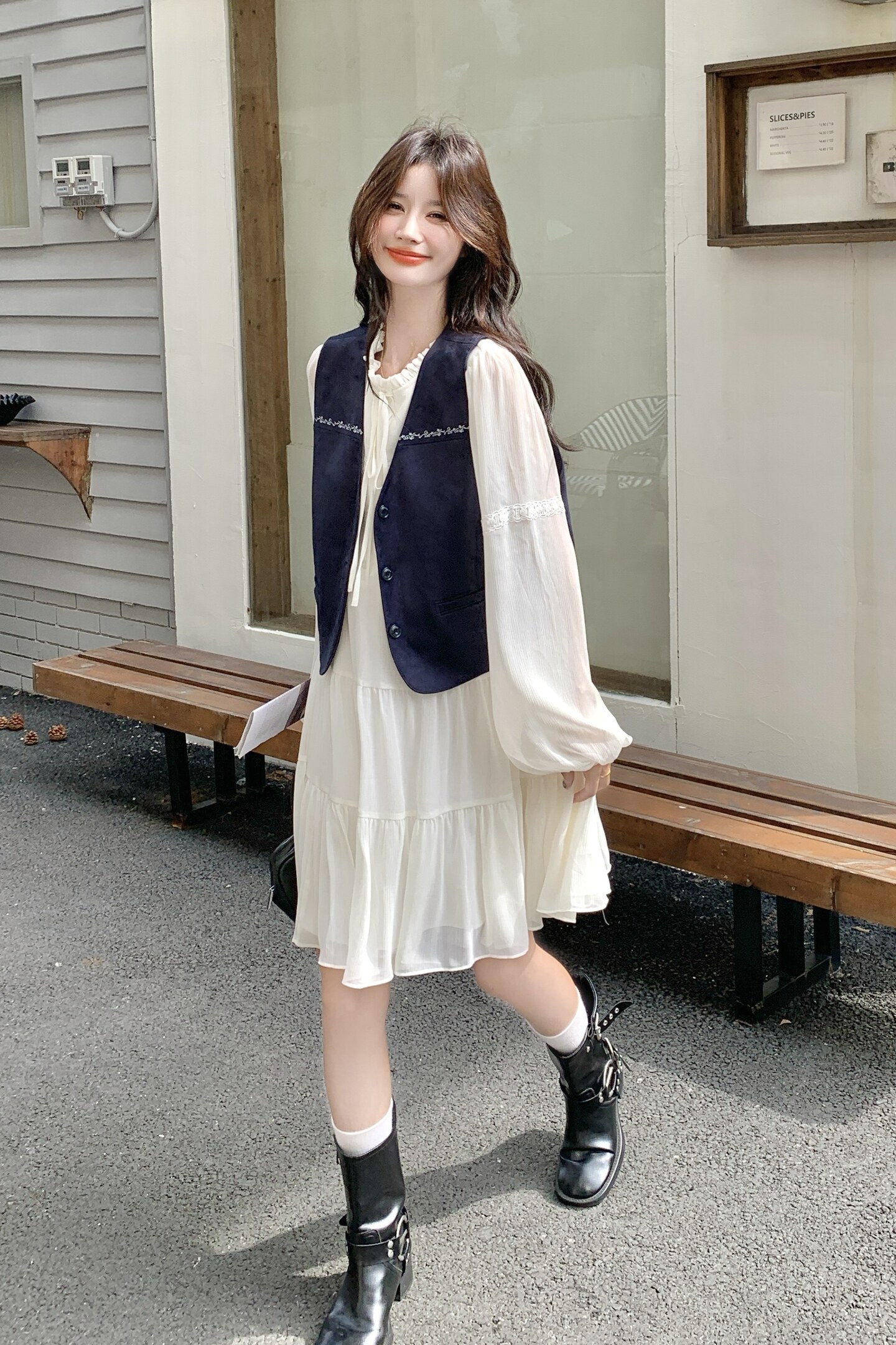 学院风藏青牛仔马甲蕾丝连衣裙两件套2C119-1179-P180-K288,女装连衣裙,2C119