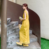 新款现货亚麻V领背心蕾丝钩花拼接连衣裙2C119-2579-P145-K208，女装连衣裙，2C119