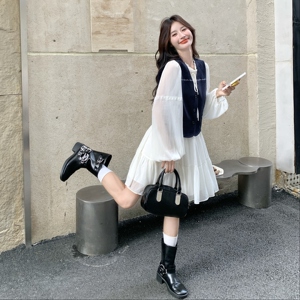 学院风藏青牛仔马甲蕾丝连衣裙两件套2C119-1179-P180-K288图片