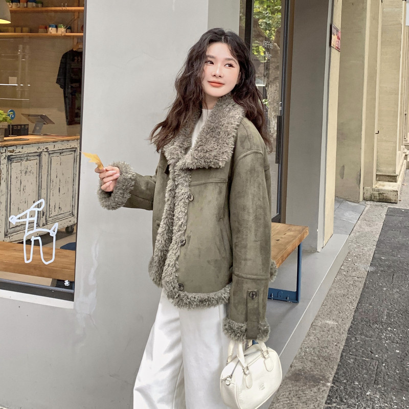 冬季加绒加厚麂皮绒皮毛一体羊羔毛外套2C119-1095-P205-K295,女装短外套,2C119