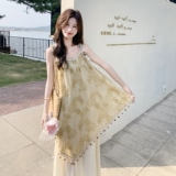 法式度假风刺绣流苏不规则拼接吊带裙女2025夏季新款假两件连衣裙，女装连衣裙，2C119