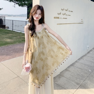 法式度假风刺绣流苏不规则拼接吊带裙女2025夏季新款假两件连衣裙图片