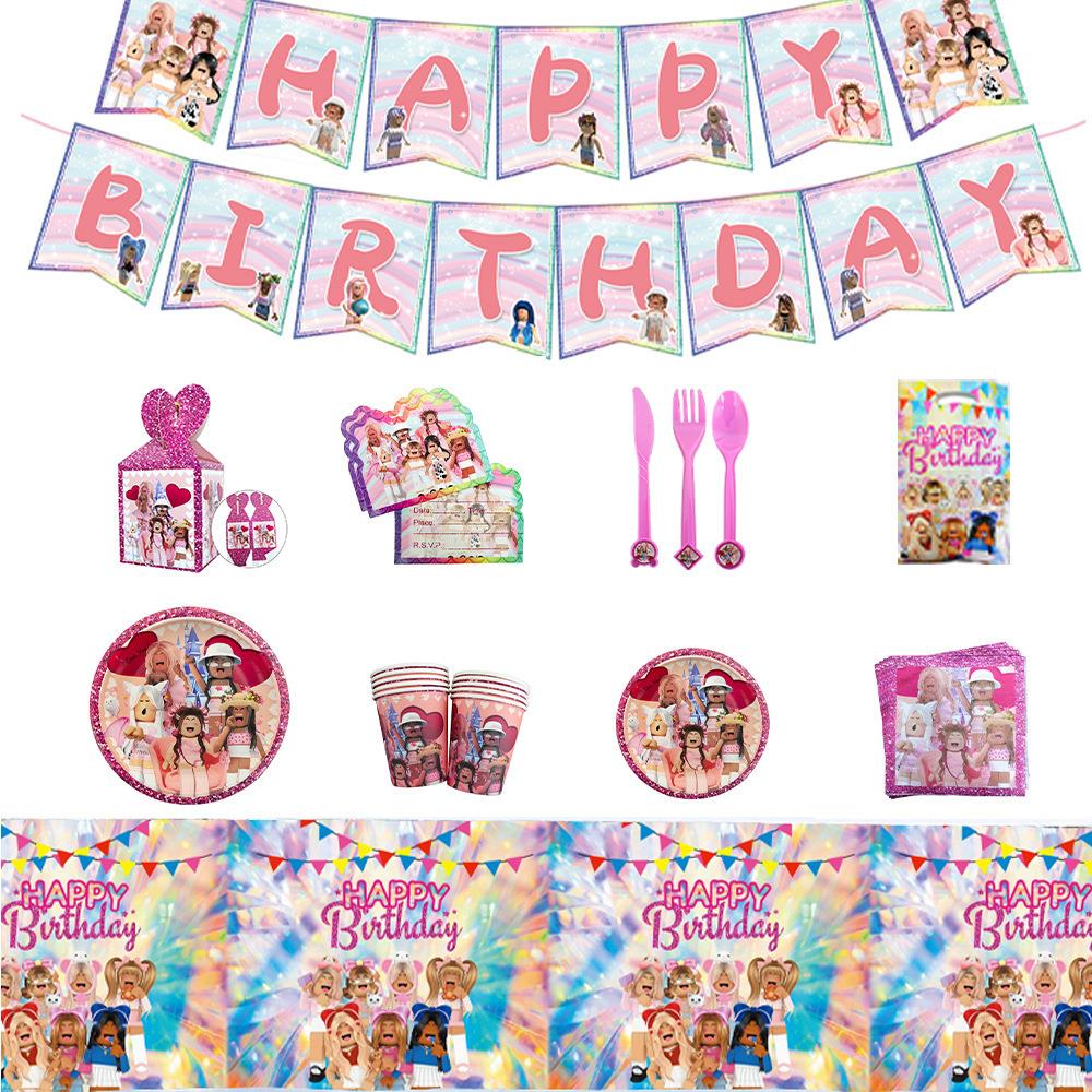 跨境粉色Roblox生日派对用品一次性餐具纸盘纸杯纸巾女孩生日派对