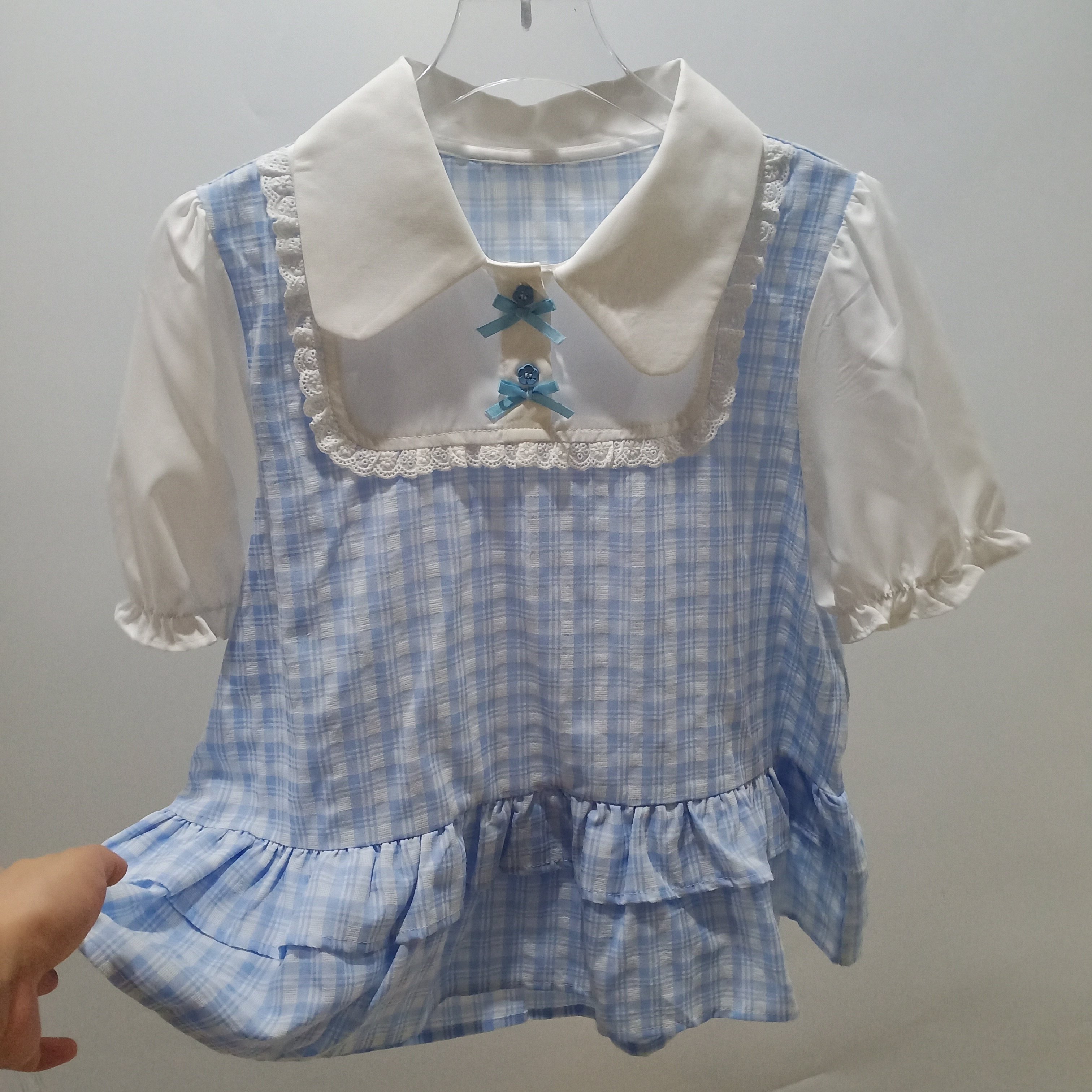 夏新款韩版时尚格子拼接娃娃领短袖衬衫女宽松百搭荷叶边减龄上衣