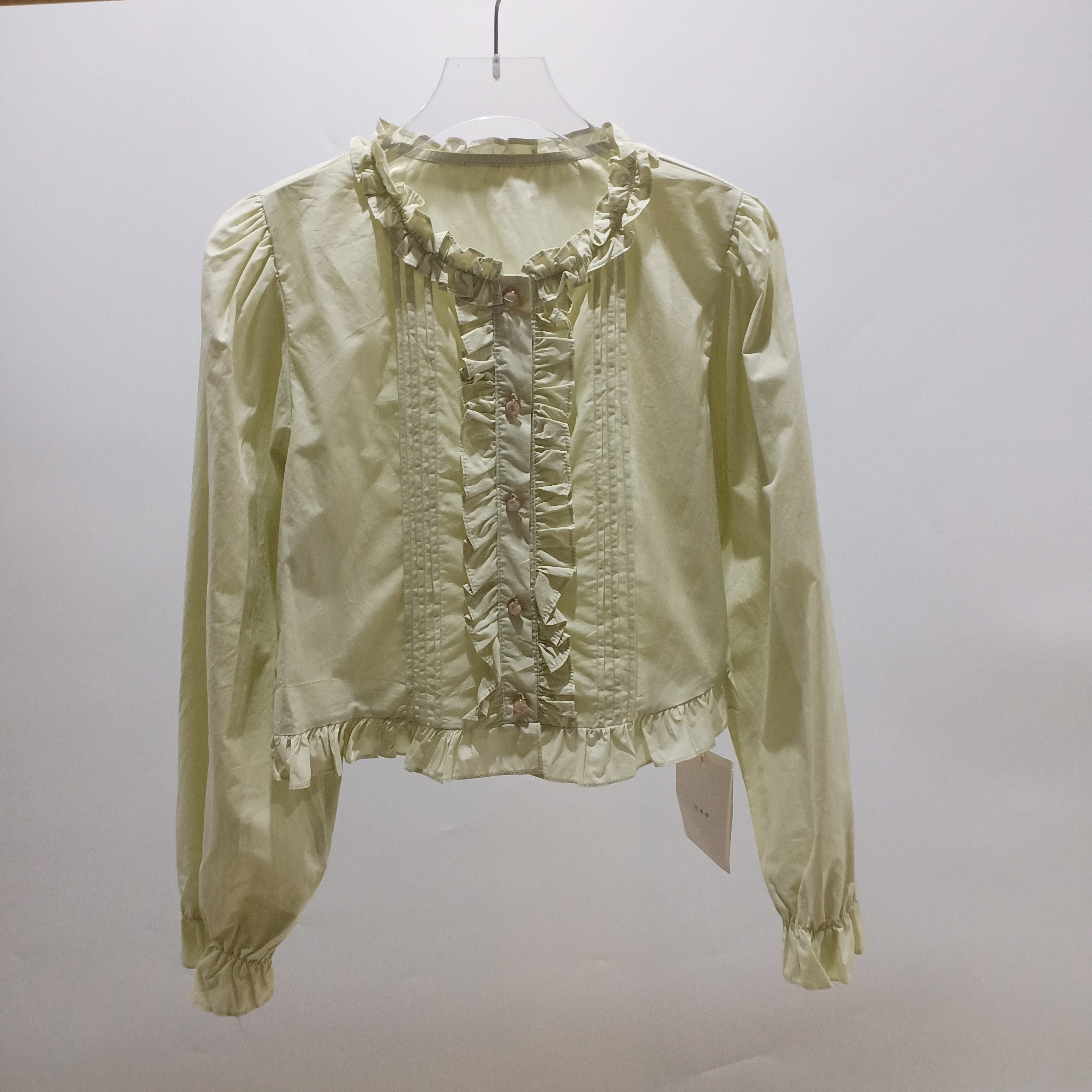 春秋新款韩版木耳边花边衬衫女小个子短款温柔甜美压褶荷叶边上衣