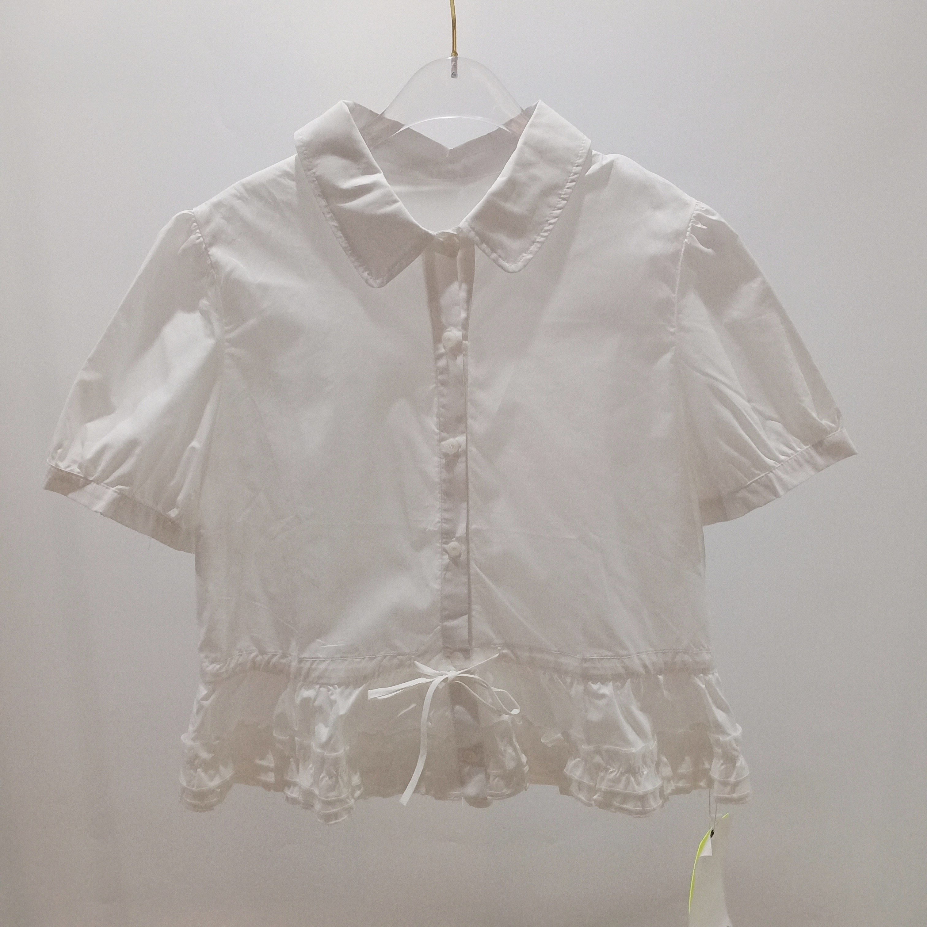 夏季新款韩版时尚木耳边抽绳收腰短袖衬衫女宽松百搭减龄纯色上衣