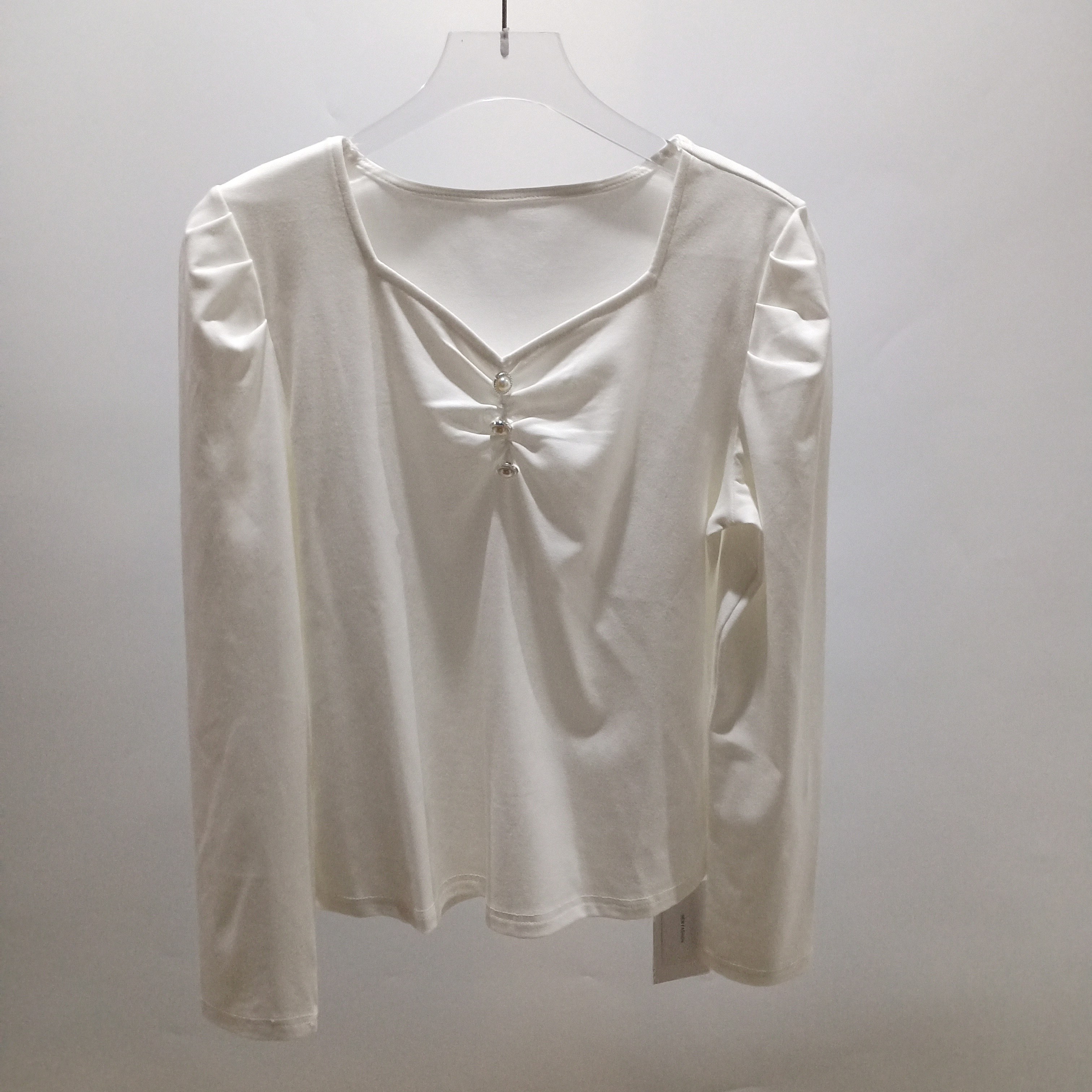 2026春秋新款韩版时尚鸡心领长袖T恤女捏褶泡泡袖休闲百搭上衣潮