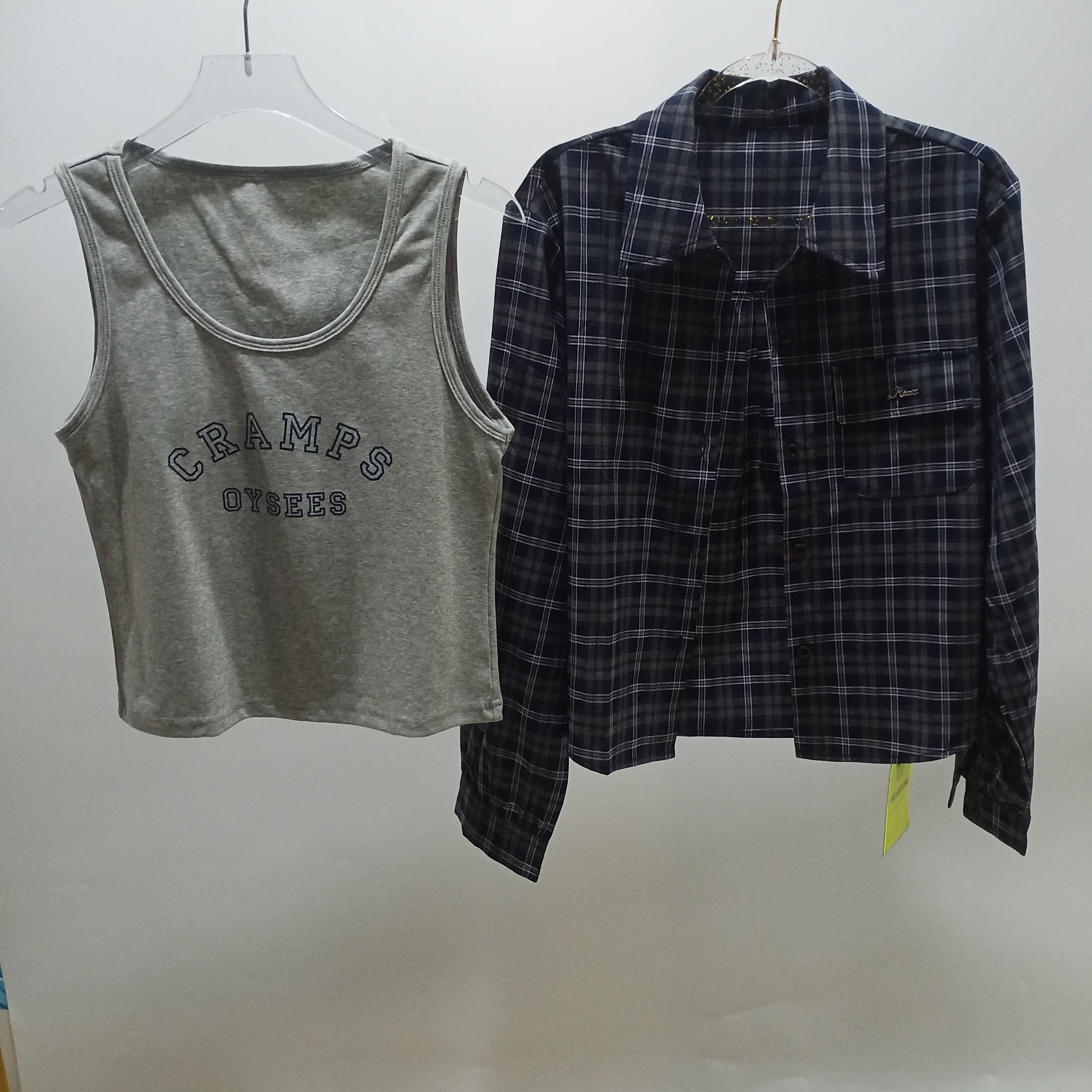 春秋季新款格子女复古长袖衬衫女+字母印花背心短款两件套上衣潮