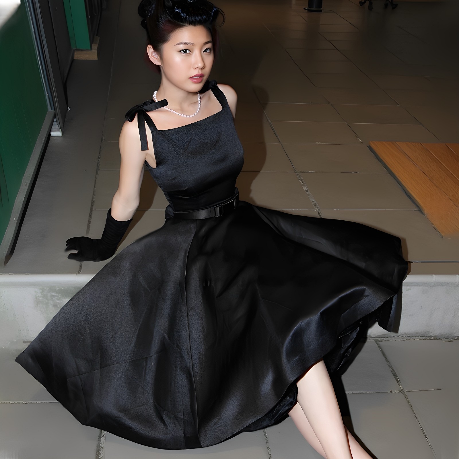 法式复古气质缎面礼服裙高腰大摆蓬蓬黑色连衣裙女夏赫本风小黑裙