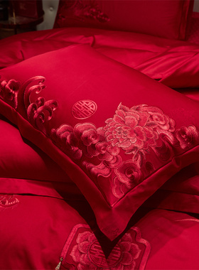 高档140支长绒棉四件套龙凤红色纯棉大红陪嫁结婚喜被套床上用i.