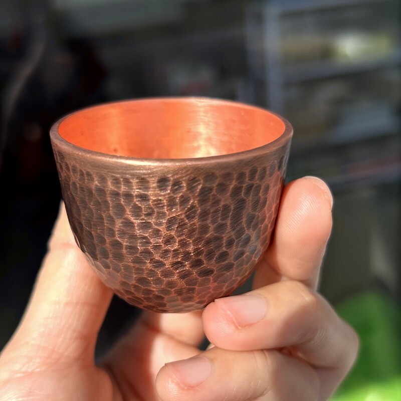手工捶打加厚紫铜小茶杯复古家用锤点红铜水杯罐罐茶铜杯功夫茶杯