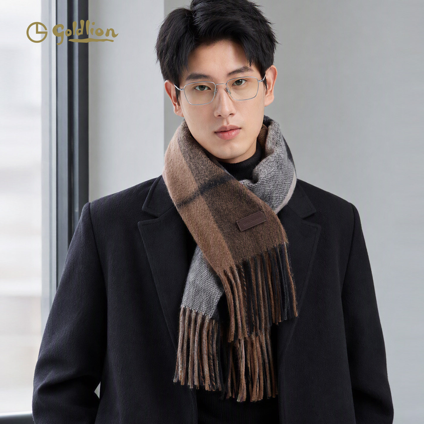 Goldlion/金利来男士羊毛围巾秋冬舒适保暖格子拼色针织长款围脖
