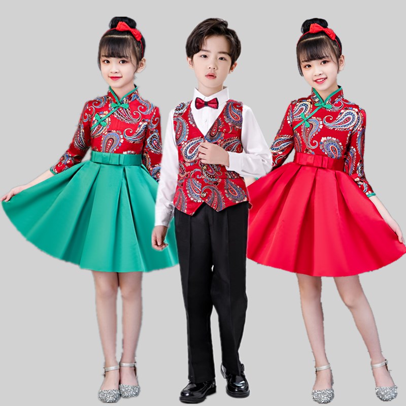 儿童演出服幼儿园中小学生大合唱表演舞蹈服秋冬中国风礼服旗袍装