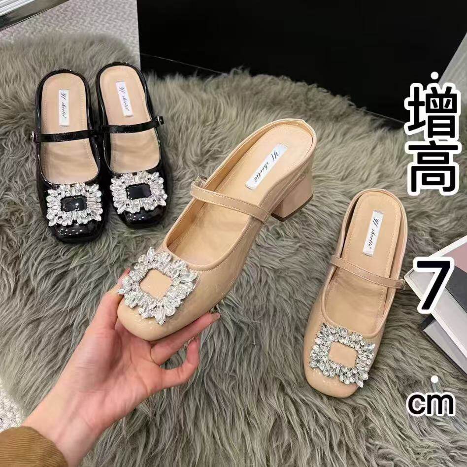 羊皮版~7cm小个子内增高水钻方扣包头半拖外穿粗跟一字带玛丽珍鞋